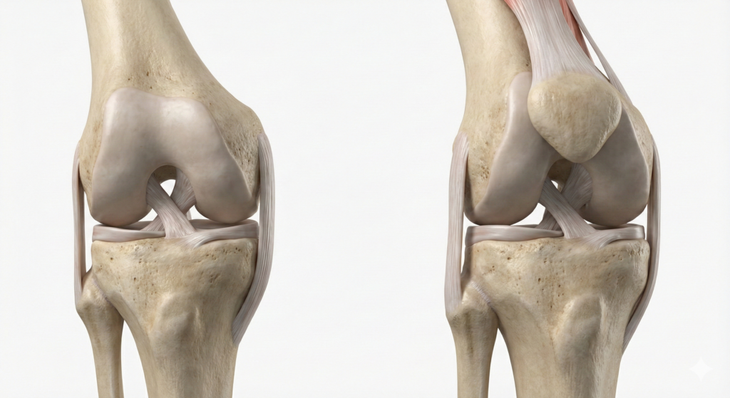 Anatomiczny model ludzkiego stawu kolanowego w dwóch rzutach, ukazujący kości, więzadła i chrząstki.
